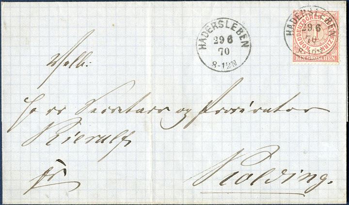 Border rate letter sent from Hadersleben to Kolding 29 June 1870, bearing a single NDP 1Gr. perforated Mi. Nr. 16, and tied by PER Io (DAKA 58.12). RARE.