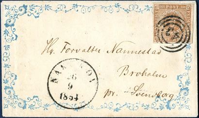 ENVELOPE WITH ORNAMENTATION sent from Nakskov to Broholm near Svendborg 26 september 1854 bearing a 4 RBS Thiele III greyish brown plate III tied by numeral “43” alongside CDS “NAKSKOV 26.9.1854”. A most appealing and striking Lady's cover.
