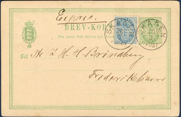 5 øre BREV-KORT sent by EXPRESS service from Skagen to Frederikshavn 30 March 1891, additional franked with 20 øre Coat of Arms perf. 14 tied by CDS “SKAGEN 20/3 2 POST”. 20 øre pays for the express service, outstanding and colour full express letter.