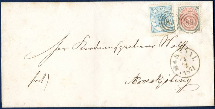 'frit' noted letter originally franked with 4 sk. bicolored Ib printing (1870) cancelled with numeral '89' Marstal and datestamp 'MARSTAL 24/2 1871'. Due to the 'frit' manuscript in lower left corner, the letter was subject to full unpaid rate of 6 sk. Thus, when bringing the letter to the counter af the post office, the clerk noted the franco marking, and sender was obliged to pay the missing 2 sk. - and then an additional stamp of 2 sk. lineperforation 12 1/2 1864-issue added. An extremely rare postal history item.