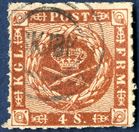 4 skilling rouletted issue 1863, canceled with esrom style postmark 'SKJBK' Skjærbæk. Upright and distinct cancellation. 
