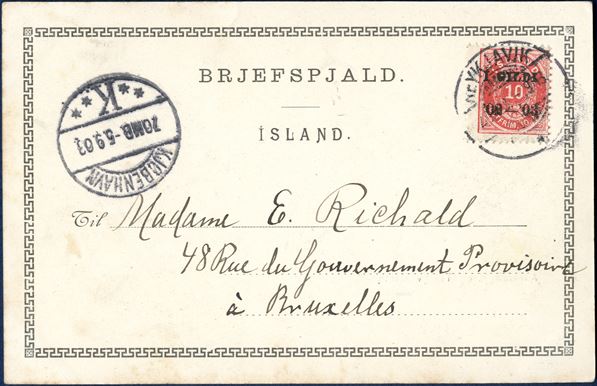 10 aur Í GILDI '02-'03 perforation 12 3/4 on postcard sent from Reykjavik 29 August 1903 to Bruxelles in Belgium, with transitmark 'KJØBENHAVN 5.9.03' stamped on front. Rare - 10 AUR UPU postcard rate.