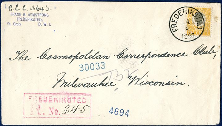 Registered letter from Frederiksted 14 May 1909 to Milwaukee, Wisconsin, USA. 50 BIT King Christian IX tied by CDS “FREDERIKSTED 14/5 1909” with registration mark “FREDERIKSTED R. No. 345”. Favored rate 25 BIT within 1500 nautical miles from 1.5.1907 – 30.9.1909 plus 25 BIT registration fee, normal letter rate 40 BIT for all other countries. Announcement in St. Thomas Tidende 16.4.1907, included favored rate to Barbardos, Canada, Cuba, Curacao, USA, Grenada, Haiti, Jamaica, Martinique, St. Lucia, St. Vincent and Tobago and Trinidad, lowering the rate from 40 BIT to 25 BIT on 1 May 1907. SUPERB in every respect.