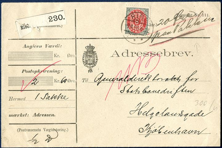 8 øre bicolored perf. 12 3/4 on COD 2 Kr. 60 Øre (Postopkrævning) parcel card from Ribe 9 April 1896 to Copenhagen. Manuscript '20 Øre paa Pakken' - a rare split franking in excellent condition.