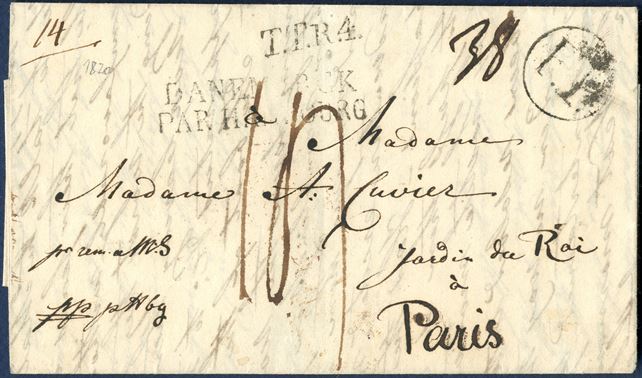 Foot Post Letter from Copenhagen Early January 1820 to Paris, France. Paid to Hamburg manuscript 'pp p Hbg) - port payee to Hamburg , transit via Hamburg T.T. Post office. Letter first posted through Copenhagen Foot Post and stamped 1-ring “F.P.”. On reverse '12S' postage paid to the Foot Post to Hamburg. Total postage noted top right '38' to Paris and French due '12' decimes. Foot post ledger '14' top left corner. Any foot post letter to a foreign destinations are rare, this is an most unusual letter in respect of the foot post service in Copenhagen. DAKA 4A.
