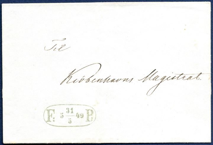 Foot Post letter within Copenhagen ramparts sent on 31 May 1849. The Foot Post service was in the hands of the Danish Postal System from 14 May 1849 and no longer a private enterprise. A new postmark was introduced for canceling letters, this example is THE EARLIEST RECORDED example postmarked OVA-1 'F:  5  31/5  49  P:' and in superb condition in every respect.