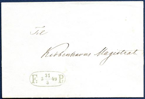 Foot Post letter within Copenhagen ramparts sent on 31 May 1849. The Foot Post service was in the hands of the Danish Postal System from 14 May 1849 and no longer a private enterprise. A new postmark was introduced for canceling letters, this example is THE EARLIEST RECORDED example postmarked OVA-1 'F:  5  31/5  49  P:' and in superb condition in every respect.