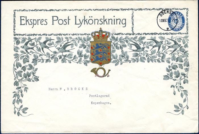 Expres Post Lykönskning 40 øre envelope issued for ”Kunstforlaget” paying the express fee of 40 øre sent from Odense to Copenhagen as Poste Restante. Apparently the missing fee for the letter rate of 15 øre has not been charged.