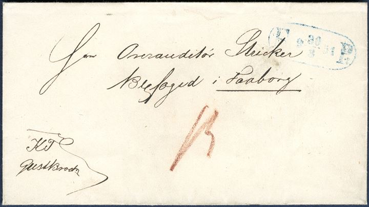 Foot Post letter sent from Copenhagen 30 March 1851 to Faaborg, the the province and far outside the range of Copenhagen Foot Post. Postmarked 'OVA-1 'F:  9  30/3  51  P:',  backstamped Antiqua KJØBENHAVN 30/3 1851' Antiqua in green postal rate endorsement '6 - 11' with '6' the ledger and '11' being skilling due. Sent as 'K..T.' Royal Service and charged '13' which include a '2' local letter fee in Faaborg. Letters at this time sent to the province are scarce.