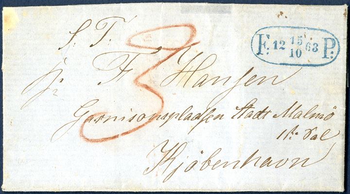 Foot Post letter sent from Reden ( The Sea outside Copenhagen ) on 14 October 1863 and transported by boat to Copenhagen. The letter was handed in at the Foot Post office, charged 3 sk. and postmarked OVA-1 'F: 12 15/10 63 P:' in blue. A rare example from a letter posted at sea on the road outside Copenhagen.