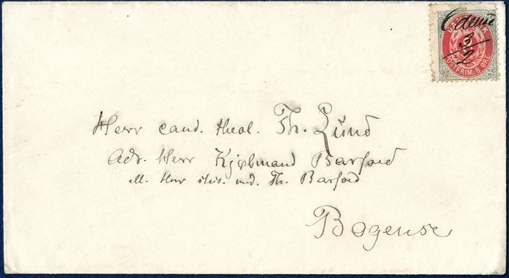 Letter from Odense (ca. 1877) to Bogense on Fynen, cancelled with manuscript 'Odense 3/2', backstamped 'BOGENSE 3/2 1 POST'. Franked with 8 øre bicolored (with faults), rare manuscript cancellation.