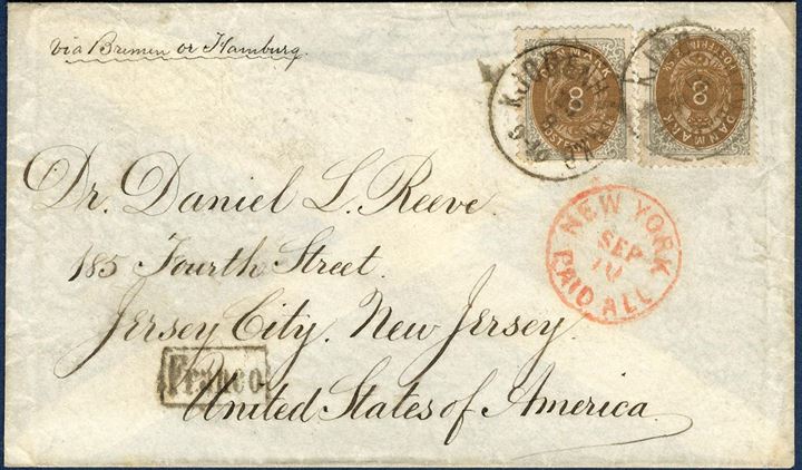 Letter sent from Copenhagen to Jersey City, NJ beraing two 8 sk. III printing tied by COPENHAGEN CDS. NY arrival CDS on front and boxed “via Tydskland” on reverse. Round corner on one 8 sk. stamp.