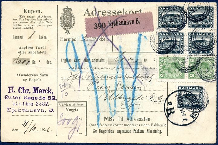 Parcel letter (Adressekort) 800 gram from Copenhagen Railroad station 21 October 1921 to Udbygade, Nørrebro, Copenhagen. Block of four 20 øre re-union, sinle and pair 5 øre King Christian X tied by 3-ring 'K 2' Esrom type alongside swiss type 'KJØBENHAVN21.10.21 6 1/4-7 E 17 *B.* ', parcel label '390 Kjøbenhavn B..'. Vagn Jensen recorded from 3.3.1910 - 5.10.1916, this letter is postmarked October 1921.