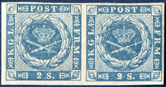 2 skilling 1855 pair, mint never hinged. Plate I pos. 52-53 with white line through 2 in right stamp which make it looks like an '8'.