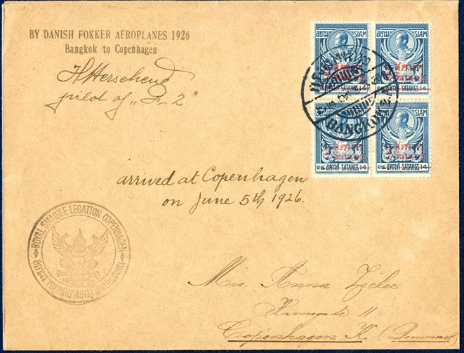 Hershend’s Air Mail from Bangkok 6 May 1926 to Copenhagen, with Copenhagen arrival 5 June 1926 manuscript and stamped on receipt in Copenhagen with round handstamp 'ROYAL SIAMESE LEGATION COPENHAGEN'. Franked with a provisional 2 Satang/14 block of four and cancelled with 'Bangkok P.O. No. 2'. Of the two Fokker planes, Herschend’s V2 made an emergency landing at a Burmese ricefield, Botved continued to Tokyo. Herschend’s machine had to wait for repair before returning to Copenhagen. 'A rare Danish Air Mail, with Herschend’s signature.