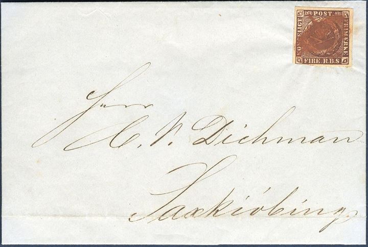 Letter sent from Nakskov to Saxkiøbing 2 April 1854 bearing a 4 RBS Thiele II blackish brown plate II, tied by manuscript cancellation in red chalk. Only recorded with red chalk. Exhibtion item.
