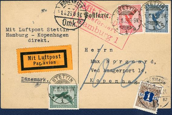 Airmail card sent from Stettin to Copenhagen 1 June 1926 and charged “100” øre due by the addressee and a 1 Kr. Due stamp affixed. Unusual combination of airmail and 1 kr. postage due stamp.