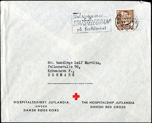 Red Cross envelope 'HOSPITALSKIBET JUTLANDIA' under Dansk Røde Kors sent by the dentist onboard Jutlandia, postmarked in Copenhagen 29 September 1952. Jutlandia was contracted as hospitalship during the Corea war from January 23, 1951.