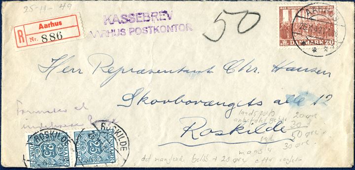 Letter sent from Aarhus 25 November 1949 to Roskilde, prepaid with 20 øre for an ordinary domestic rate letter. The postal service assumed that the letter contained coins, then endorsed by “Formodes at indeholde Penge” and stamped “Kassebrev Aarhus Postkontor”. As such, the letter were opened and proved to contain 12 1/2 øre, fined and charged with registration fee. In reply to a copper wedding invitation - and a set of coins glued as symbolism to 12 1/2 years, in copper coins !