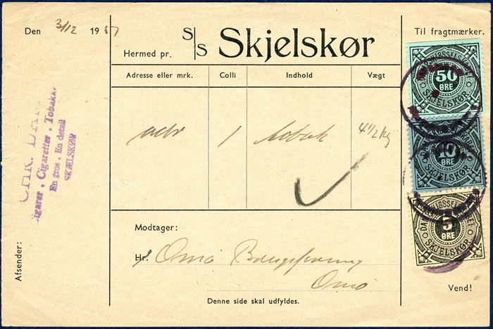 Freight Bill „s/s Skjelskør” of the DAMPSKIBSELSKABET SKJELSKØR dated 3 December 1957, franked with 5, 10 and 50 ØRE freight stamps, for 4 1/2 kg. tobacco sent from Skjælskør to Omø. Rare