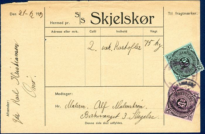 Freight Bill „s/s Skjelskør” of the DAMPSKIBSELSKABET SKJELSKØR dated 21 December 1953, franked with 25 and 50 ØRE freight stamps, for 2 bags potatoes weighing 75 kg, sent from Omø to Slagelse. Rare.