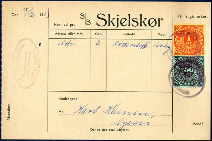Freight Bill „s/s Skjelskør” of the DAMPSKIBSELSKABET SKJELSKØR dated 15 December 1953, franked with 50 ØRE and 1 Kr. freight stamps, for 2 feedstuffs 100 kg, sent from Skjelskør to Agersø. Rare.
