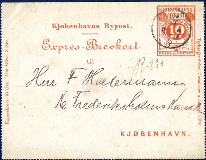 Copenhagen Bypost - 10 øre Expres-Brevkort red sent to '16 Frederiksholm Kanal' and with registration manuscript 'R·330' - Rare in used condition.