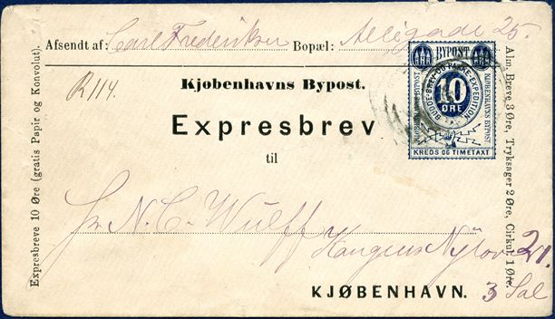 Copenhagen Bypost - 10 øre Expresbrev with pointed flap on laid paper, blue sent to 'Kongens Nytorv 21, 3. sal' and with registration manuscript 'R·114' - Rare in used condition.