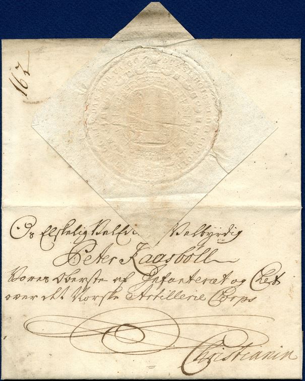 Royal letter signed by King Christian VI at Hirscholm Castle 8 October 1745, sent to Peter Kaasböll, 'Oberst af Infanteriet og ... Norske Artillerie Corps, Christiania.' with manuscript ledger ' 163 - ' and royal wax seal. Full contents inside. Norway an extremely rare destination for ledgers signed by a Danish King.