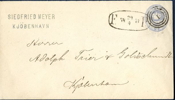 2 Sk. ultramarine (SKILLING KV4a) stationery envelope sent through Copenhagen foot post on 29 September 1873, canceled with numeral '1' alongside foot post mark 'F: 7 1/2  29/9  73 P:' OVA-4