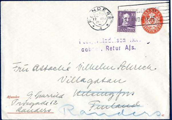 Letter from Randers 12 May 1945 to Helsingfors, Finland. Stamped on front 'Postforbindelsen ikke / aabnet. Retur Afs.' - On the 5th of May 1945 Denmark was liberated.