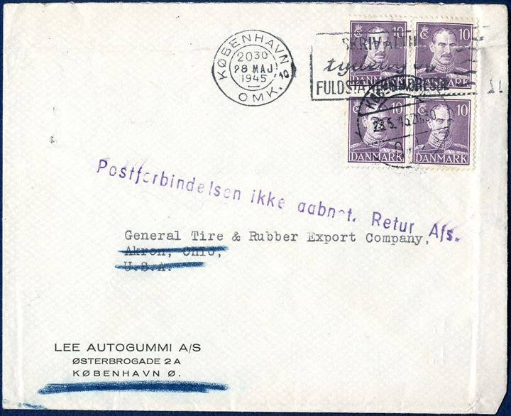 Letter from Copenhagen 28 May 1945 to Akron, Ohio, U.S.A. Stamped on front 'Postforbindelsen ikke aabnet. Retur Afs.' - On the 5th of May 1945 Denmark was liberated. Horizontal fold in envelope affecting the upper pair.