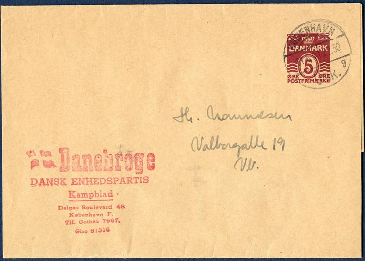 Wrapper band sent local in Copenhagen 11 June 1941, stamped on front with the red mark “Danebroge - Dansk Enhedspartis Kampblad ….” - Unusual.