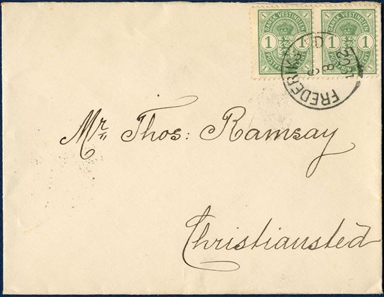 Local letter sent from Frederiksted to Christiansted 6 August 1902 bearing a pair 1c Coat of Arms type tied by CDS “FREDERIKSTED 6.8.1902” paying the 2c domestic rate.