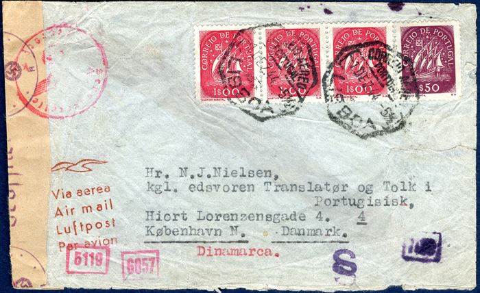 P.O. Box 164 Viggo Beckmann, Lissabon 1 December 1944 sent to Copenhagen. Viggo Beckmann acted as undercover Post Office Box for mail being sent to Greenland and the Faroe Islands. German and chemical censorship, fragile paper and tear.