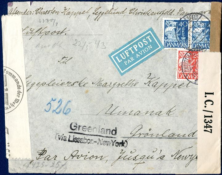 Airmail letter from Christiansfeld 20 January 1943 to Umanak, Greenland. Routing instruction 'Greenland / (via Lissabon - New York ), German censorship and Bermuda censor resealing tape 'P.C.90 OPENED BY EXAMINER / I.C. / 1347'. Letter rate 20 øre plus 80 øre Air Mail surcharge. 