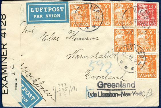 Airmail letter from Hvalsø 10 February 1942 to Narnotalik, Greenland. Routing instruction 'Greenland / (via Lissabon - New York ), German censorship and Bermuda censor resealing tape 'P.C.90 OPENED BY EXAMINER / I.C. / 1347'. 2nd letter rate 2x 20 øre plus 2x 80 øre Air Mail surcharge, total 200 øre rate.