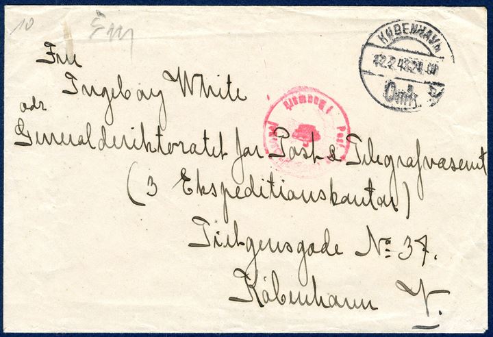 Letter from Copenhagen 12 February 1943 to Internee Camp Store Grunnet, Vejle sent to Ingeborg White, then married to an American diplomat and for that sent to the internee camp Store Grunnet, Vejle. Higher ranking staff at British and Ameerican embassies in Denmark were interned and sent to Store Grunnet. All mail was directed to General Post Directorate in Copenhagen and sent to Store Grunnet. Censored and stamped 'Post- og Teletrafvæsenet i Danmark'. Rare. 