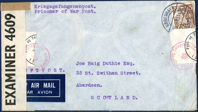 Letter from Copenhagen 15 April 1943 interned diplomat A. K. Dutchie at the Internee Camp Store Grunnet, Vejle sent to Aberdeen, Scotland. Higher ranking staff at British and American embassies in Denmark were interned and sent to Store Grunnet. Danish and British censored and stamped 'Post- og Teletrafvæsenet i Danmark'. Reverse 'A. K. Dutchie, British Internment Camp., Str. Grundet, Pr. Vejle, Denmark.'