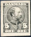 Die proof in black of King Christian IX 5 øre denomination on cardboard paper, designed by Hans Tegner. 