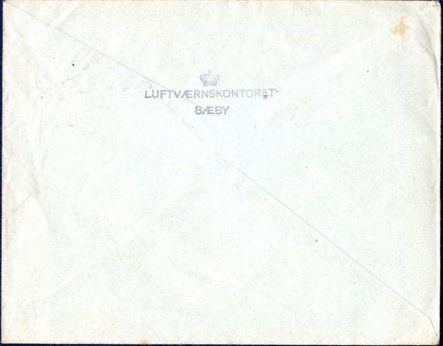 Refugee letter from Sæby 23 April 1946 to Red Cross, London, England. Sent by 'Siegfried Hermann, Flüchtlingslager, Saeby-West Jütland (Dänemark). Backstamped with refugee camp mark '[CROWN] / LUFTVÆRNSKONTORET / SÆBY '