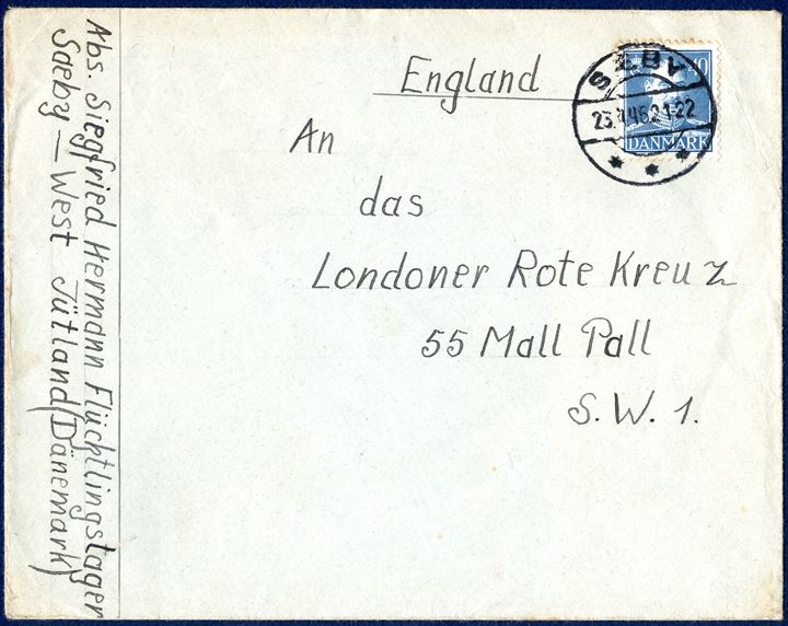 Refugee letter from Sæby 23 April 1946 to Red Cross, London, England. Sent by 'Siegfried Hermann, Flüchtlingslager, Saeby-West Jütland (Dänemark). Backstamped with refugee camp mark '[CROWN] / LUFTVÆRNSKONTORET / SÆBY '