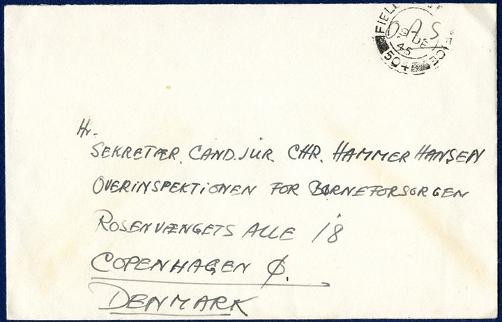 Letter from FIELD POST OFFICE 504 9 December 1945 to Copenhagen, sent by Tove Rasmussen, UNRRA-Team 89, 30th Corps-Distr. HG, B.O.A.R., Germany. 