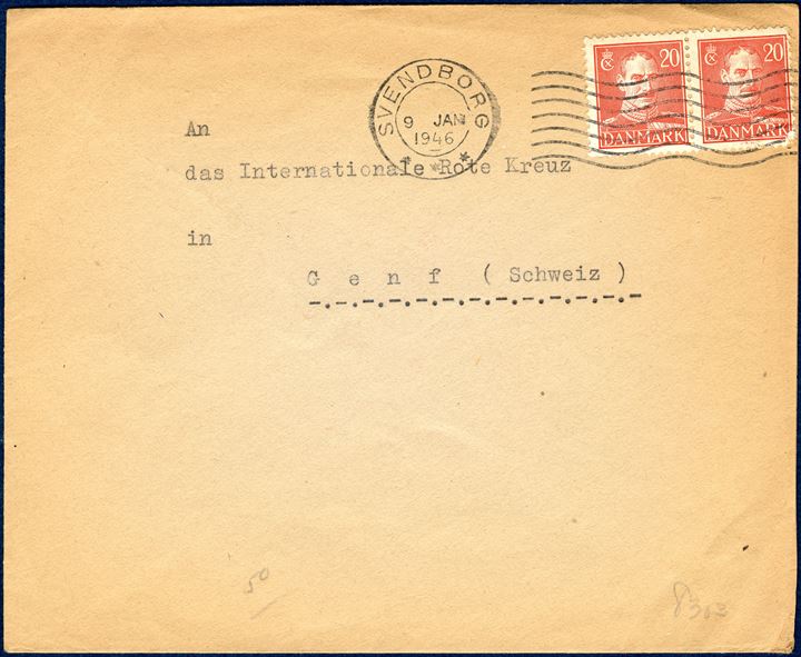 Letter from Refugee Margrethe Dippe, Ollerup, Svendborg 9 January 1946 to Red Cross, Geneva, Switzerland. Sent from 'Flüchtlingslager V / Ollerup / Fynen / Dänemark' and censorship handstamp '[crown] / St. c. L. / Flygtningelejren / i Ollerup / Tlf. Vester Skerningen 382' red ink. 