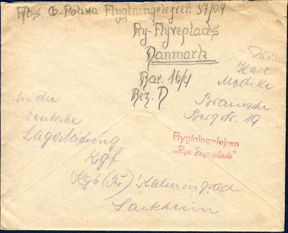 Letter from Refugee at Rye Refugee camp 16 October 1946 to Bramsche, Osnabrück, Germany. Backstamped with hand stamp in red ink 'Flygtningelejren / „ Rye Flyverplads” ', letter inside.