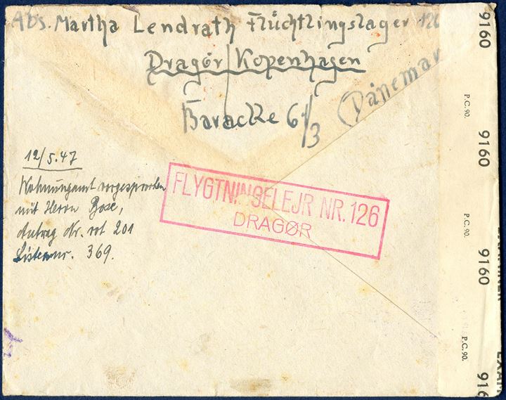 Letter from Refugee at Dragør Refugee camp 29 April 1947 to Hamburg-Poppenbüttel, Germany. Refugee camp hand stamp red ink 'FLYGTNINGELEJR NR. 126 / DRAGØR'. rare