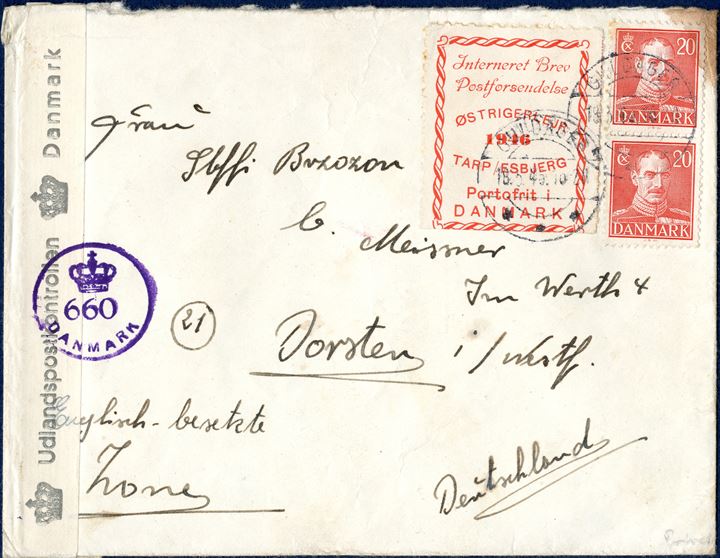 Letter from  refugee, Aloys Brzozon, Luftværkskontor, Esbjerg, sent from the Austrian Refugee Camp Tarp, Esbjerg Dorsten, Germany. Label affixed 'Interneret Brev / Postforsendelse / ØSTRIGSLEJR / 1946 / TARP ESBJERG / Portofrit i / Danmark' - tied by postmark and 40 øre danish postage stamps, and Danish post war consor resealing tape and censor hand stamp ' [Crown] 660 Danmark'.