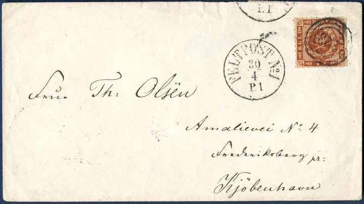 Fieldpost letter sent from Assens/Augustenborg 30 April 1864 to Copenhagen. 4 sk. 1863 canceled with numeral '223' alongside 'FELTPOST № 1 P1 30/4' ANT VIII-1.