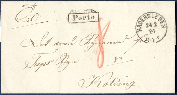 Unpaid letter from Hadersleben 24 February 1874  to Kolding. Hand stamp boxed 'Porto' and is extremely rare. 4 sk. border rate 1st letter rate - and as unpaid double charge of '8' sk. in red crayon. Very unusual type a border rate letter being unpaid and charged.