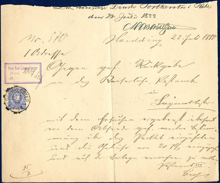 Part of inquiry from Ribe/Hvidding 22 July to Lügumkloster and replied. DR 20 pfenning blue stamp cancelled with superbly applied RER I-o stamped 'LÜGUMKLOSTER 23/7 88 4-5N' and also office mark 'POST-AMT Lügumkloster / EING 23/7 No. ' Rare.
